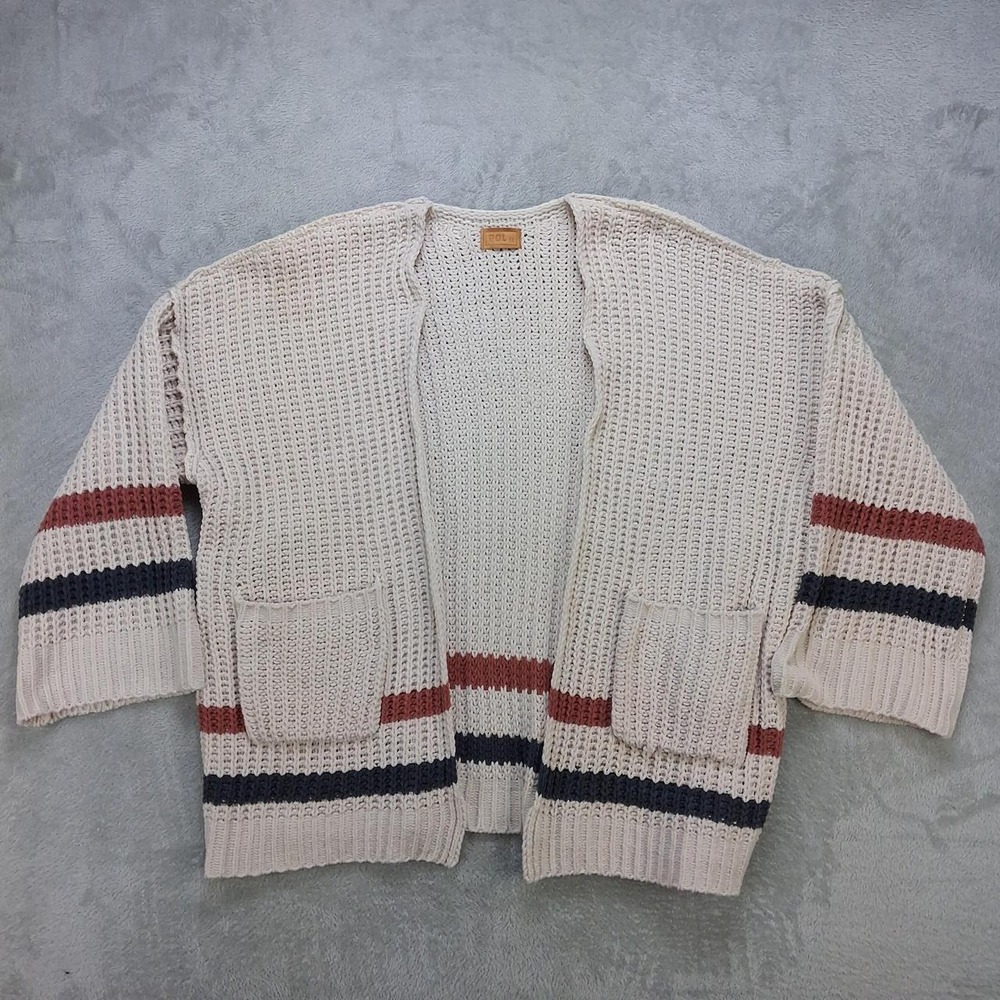 POL Womens Chunky Knit Open Front Cardigan Cream Rust Navy Striped Boho Medium